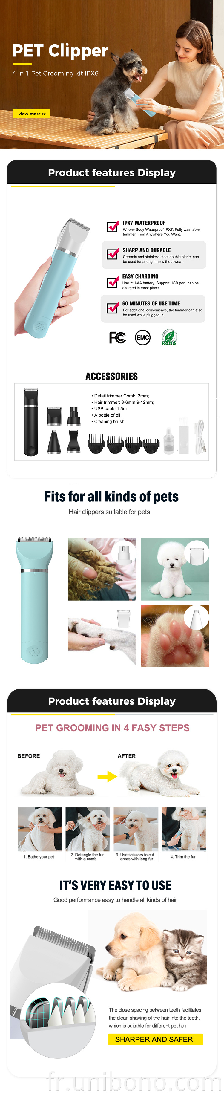 High power pet animal hair trimmer dog hair clipper low noise with five replacement trimmer heads